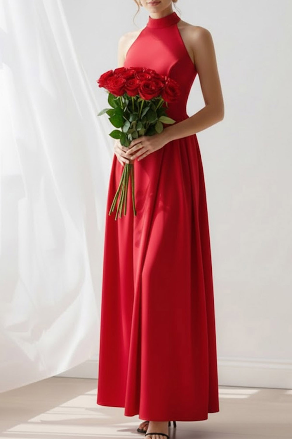 Red Formal Evening Dress A-Line Halter Sleeveless Maxi Dress