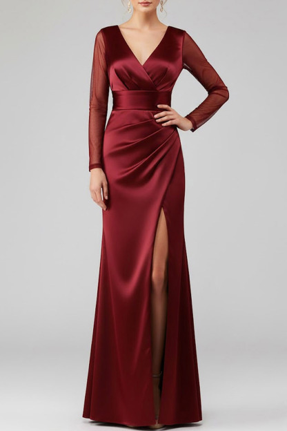 Burgundy Formal Dress Sheath V-Neck Satin Maxi Dress with Slit