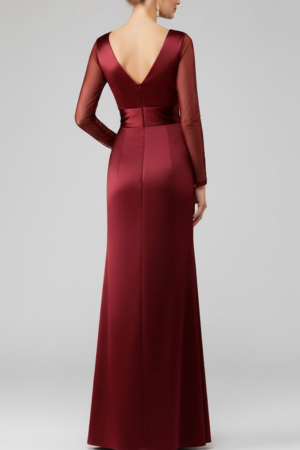 Burgundy Formal Dress Sheath V-Neck Satin Maxi Dress with Slit