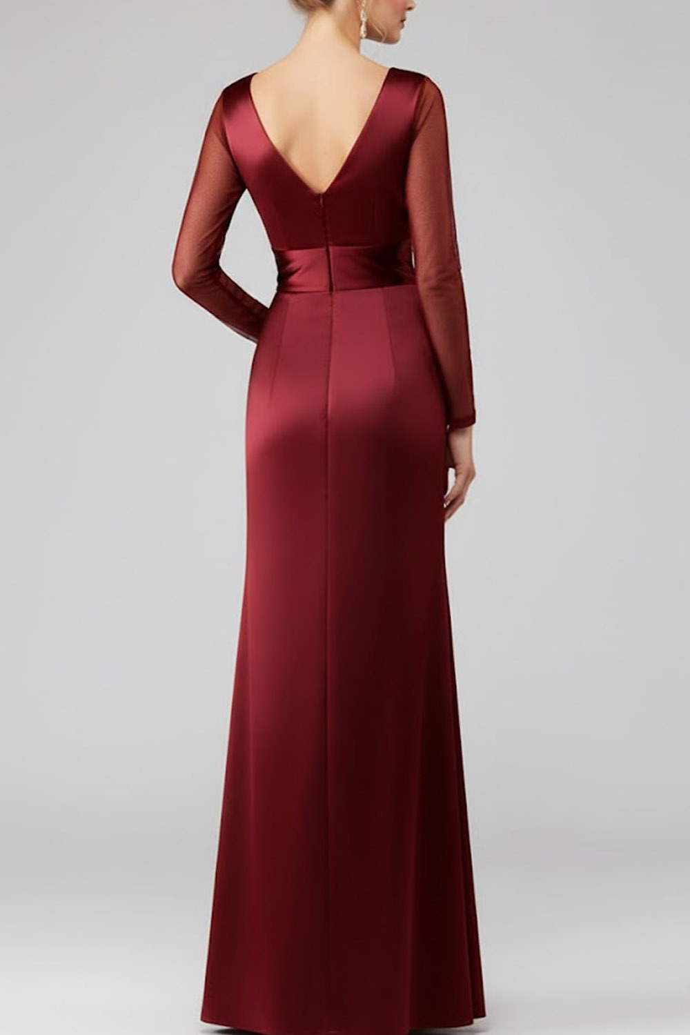 Burgundy Formal Dress Sheath V-Neck Satin Maxi Dress with Slit