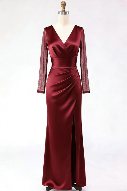 Burgundy Formal Dress Sheath V-Neck Satin Maxi Dress with Slit