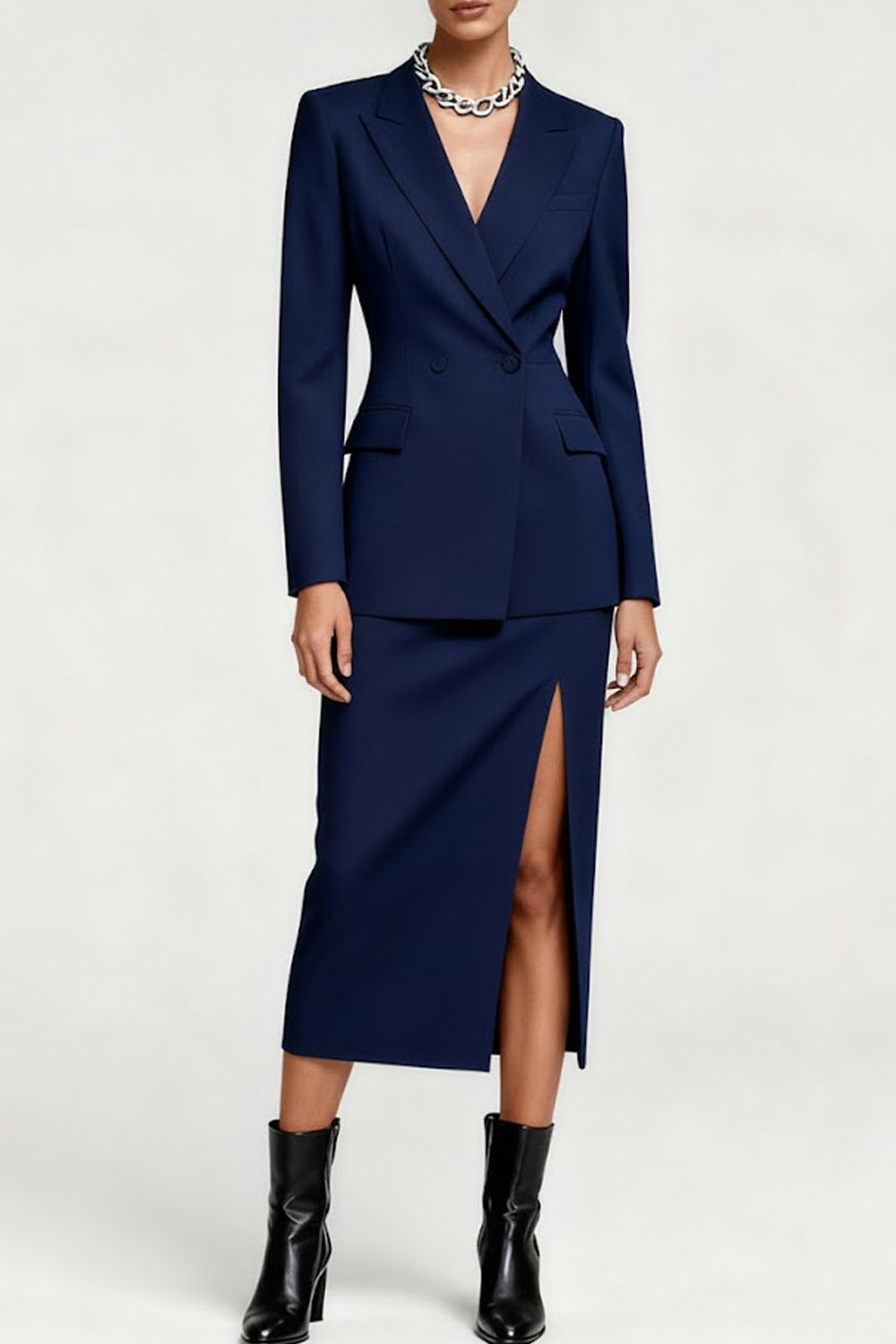 Work Blazer Suit Navy Lapel Long Sleeve Skirt Set with Slit