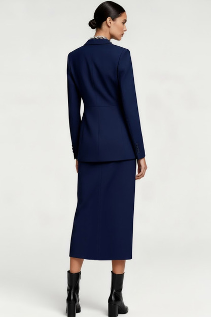 Work Blazer Suit Navy Lapel Long Sleeve Skirt Set with Slit
