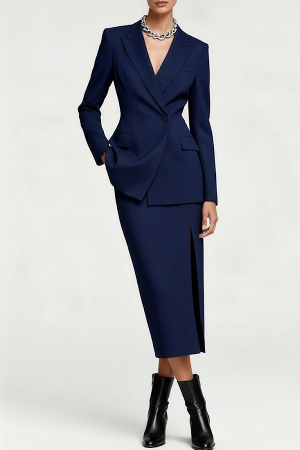 Work Blazer Suit Navy Lapel Long Sleeve Skirt Set with Slit