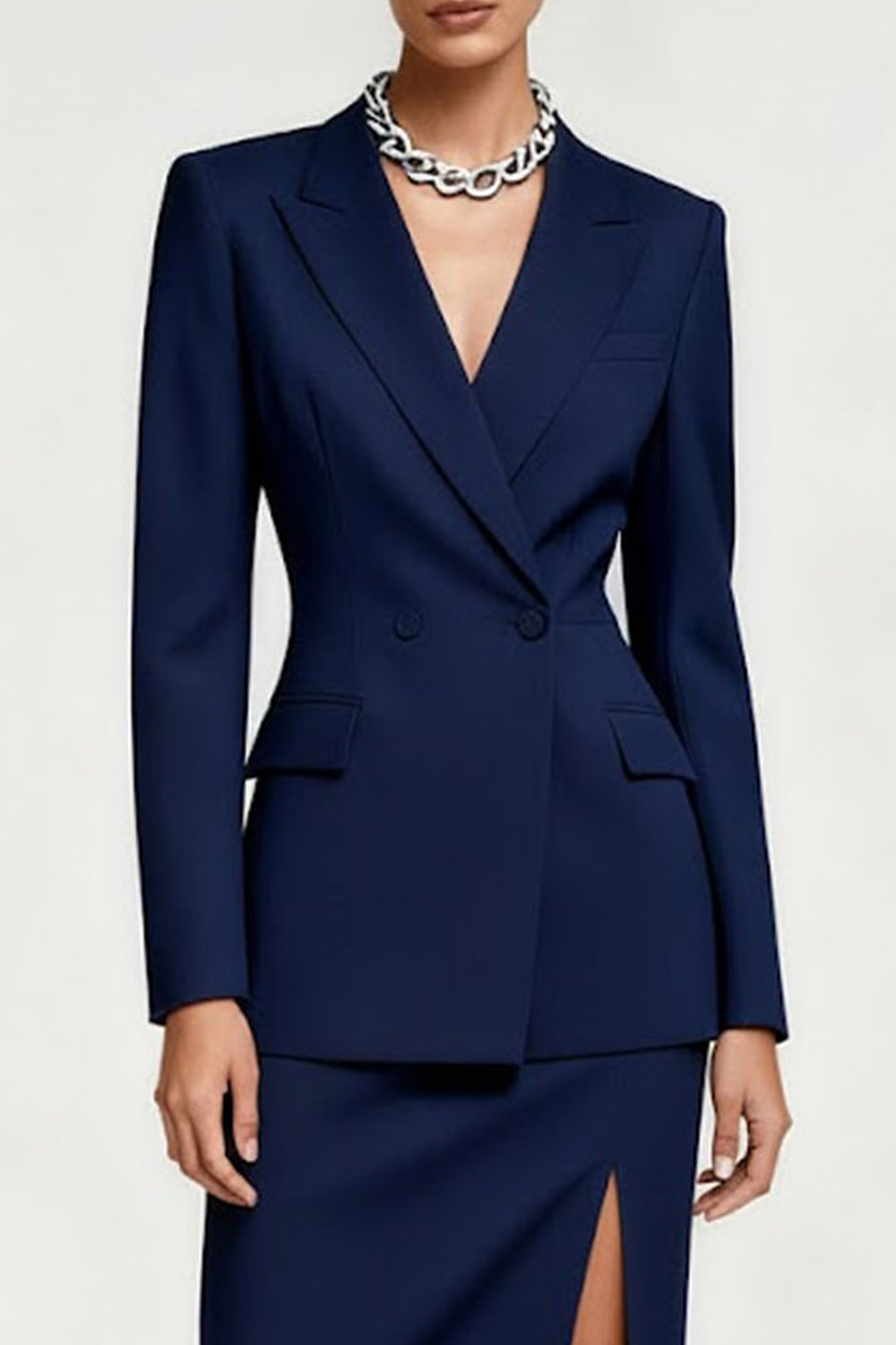 Work Blazer Suit Navy Lapel Long Sleeve Skirt Set with Slit