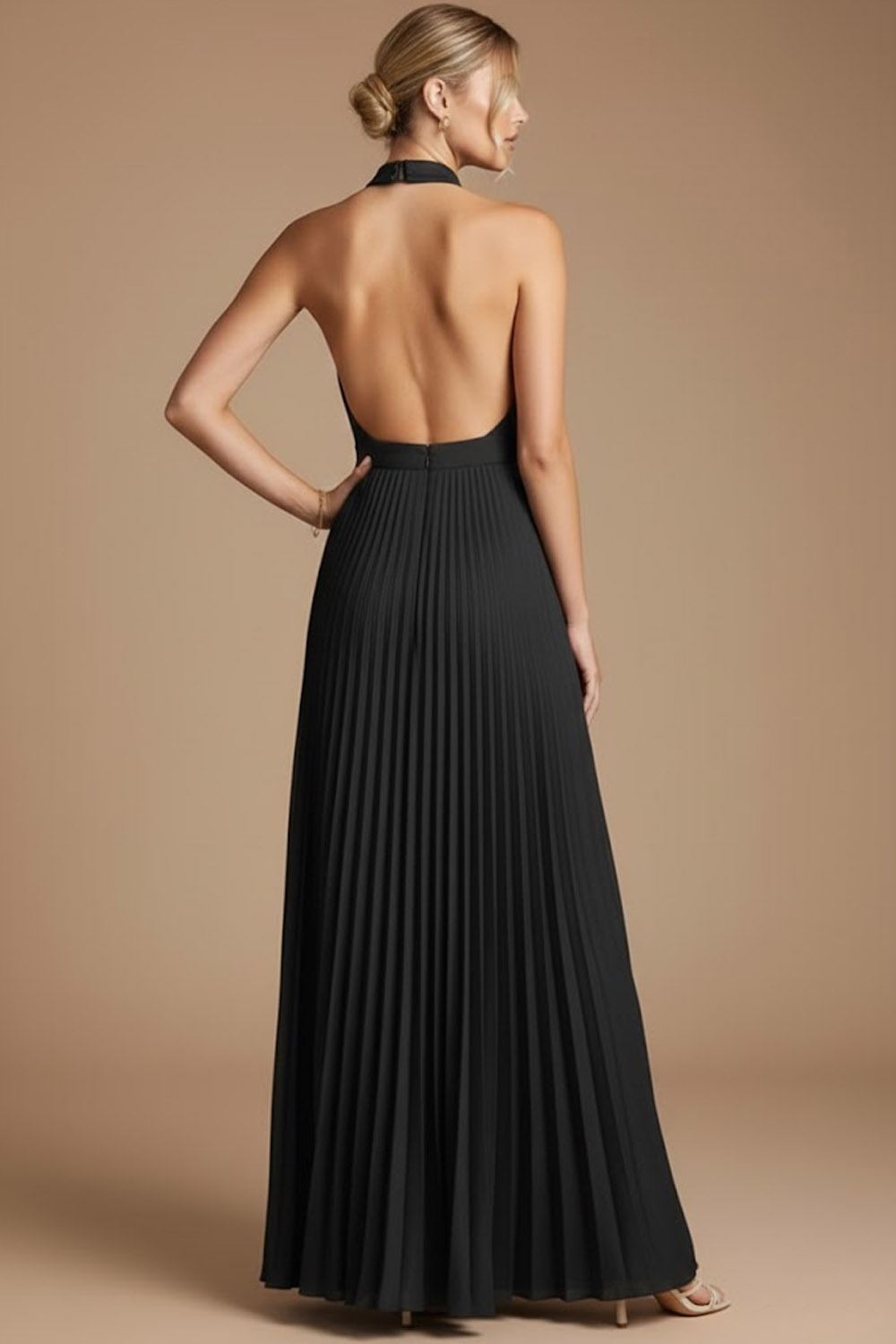 Black Formal Evening Dress Halter Pleated Maxi Dress with Slit