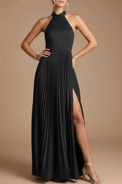 Black Formal Evening Dress Halter Pleated Maxi Dress with Slit
