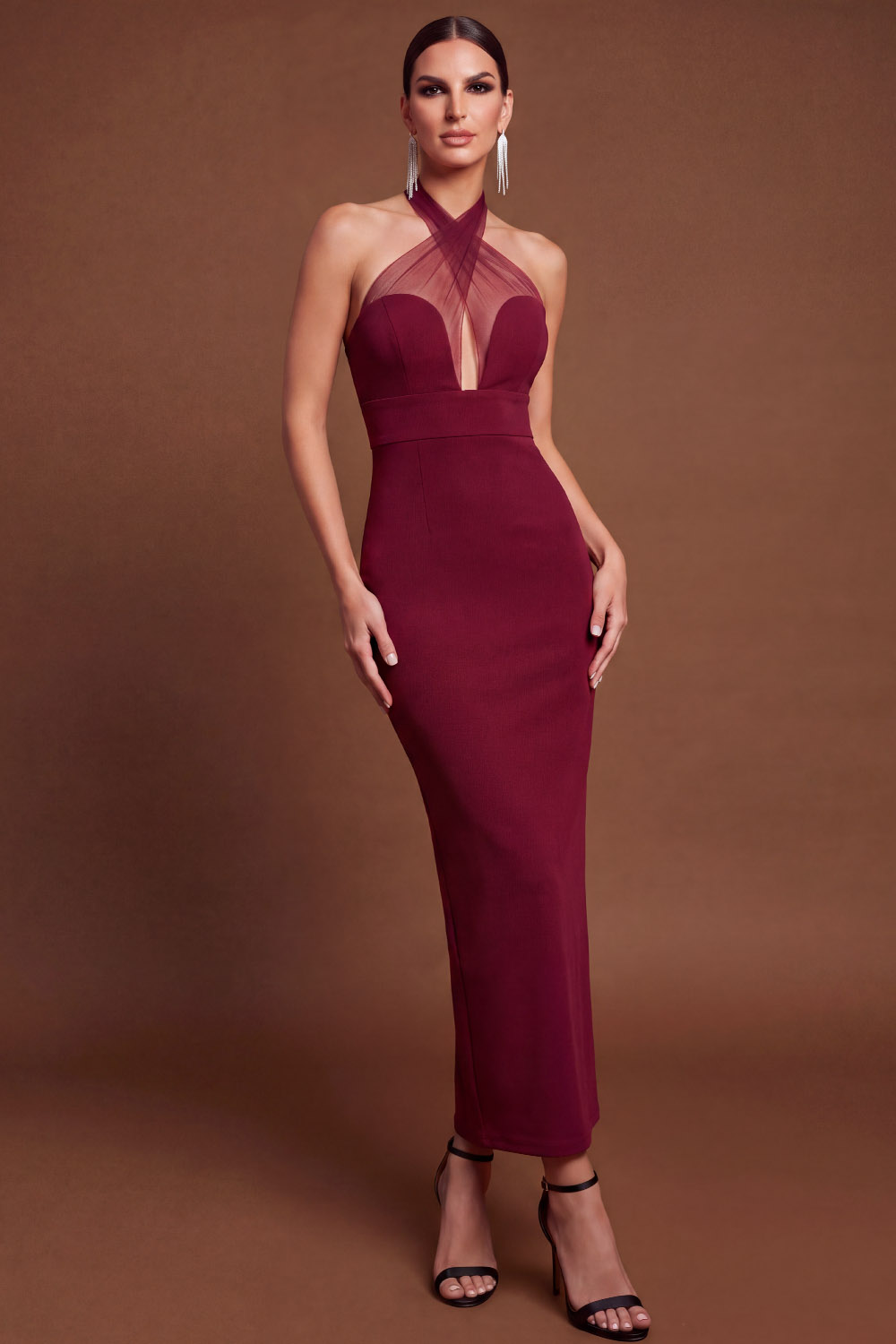 Evening Formal Dress Black Sheath Halter Sleeveless Maxi Dress-chiclody