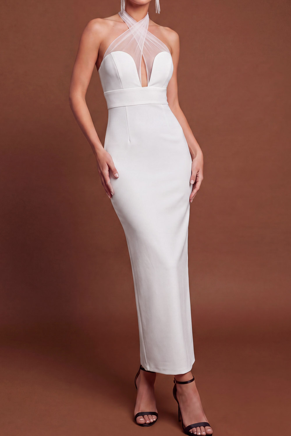 Evening Formal Dress Black Sheath Halter Sleeveless Maxi Dress-chiclody