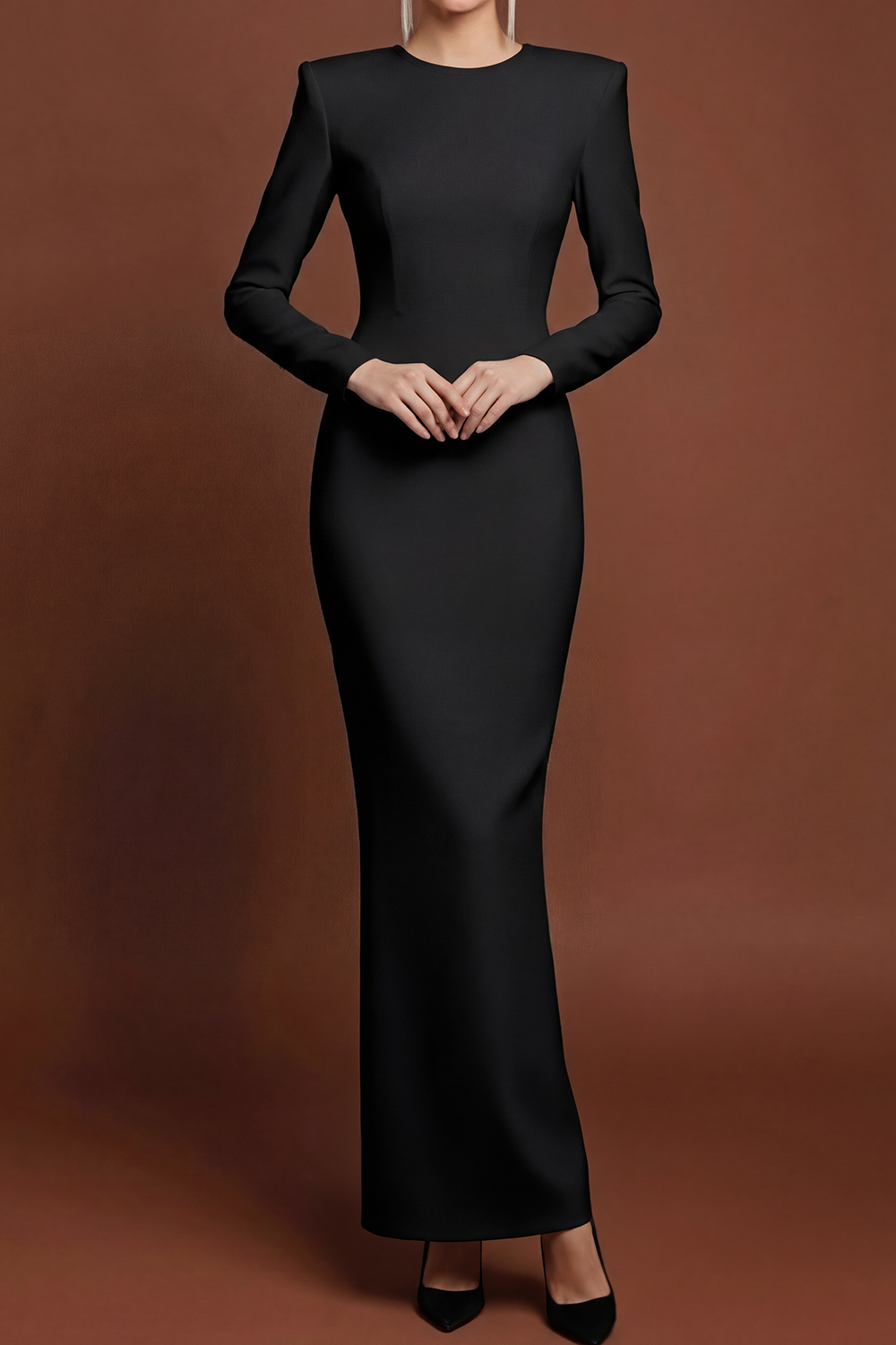 White Formal Dress Sheath Round Neck Long Sleeve Maxi Dress