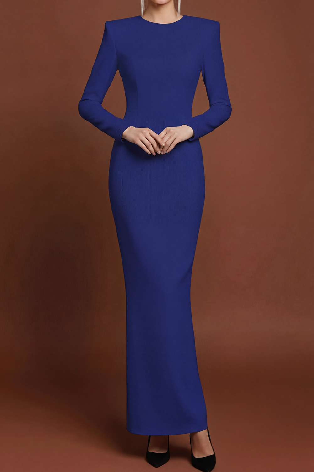 White Formal Dress Sheath Round Neck Long Sleeve Maxi Dress