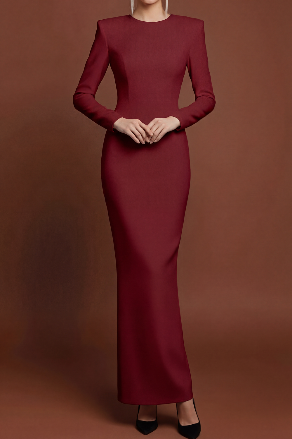 White Formal Dress Sheath Round Neck Long Sleeve Maxi Dress