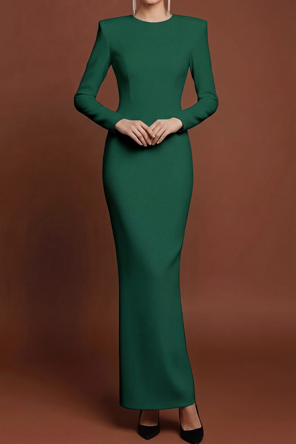 White Formal Dress Sheath Round Neck Long Sleeve Maxi Dress