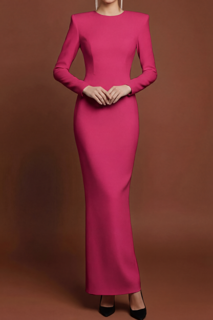 White Formal Dress Sheath Round Neck Long Sleeve Maxi Dress