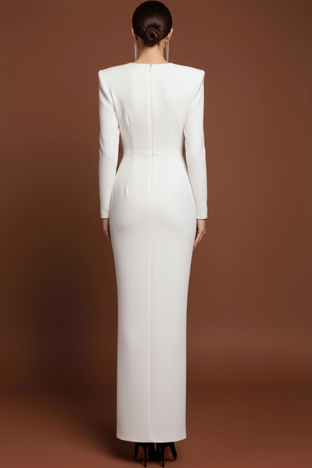 White Formal Dress Sheath Round Neck Long Sleeve Maxi Dress