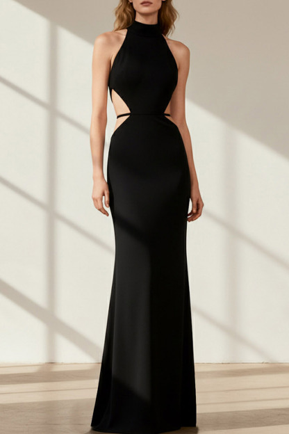 Black Evening Formal Dress Sheath Halter Cut Out Maxi Dress
