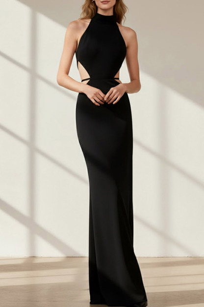 Black Evening Formal Dress Sheath Halter Cut Out Maxi Dress