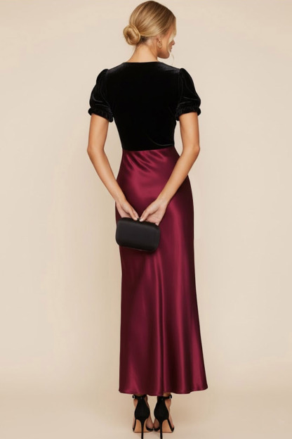 Burgundy Formal Dress Sheath V-Neck Short Sleeve Satin Maxi Dress 