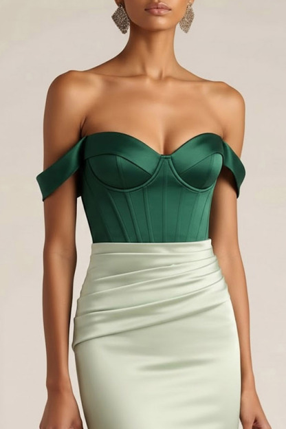 Green Evening Formal Dress Off the Shoulder Corset Satin Maxi Dress