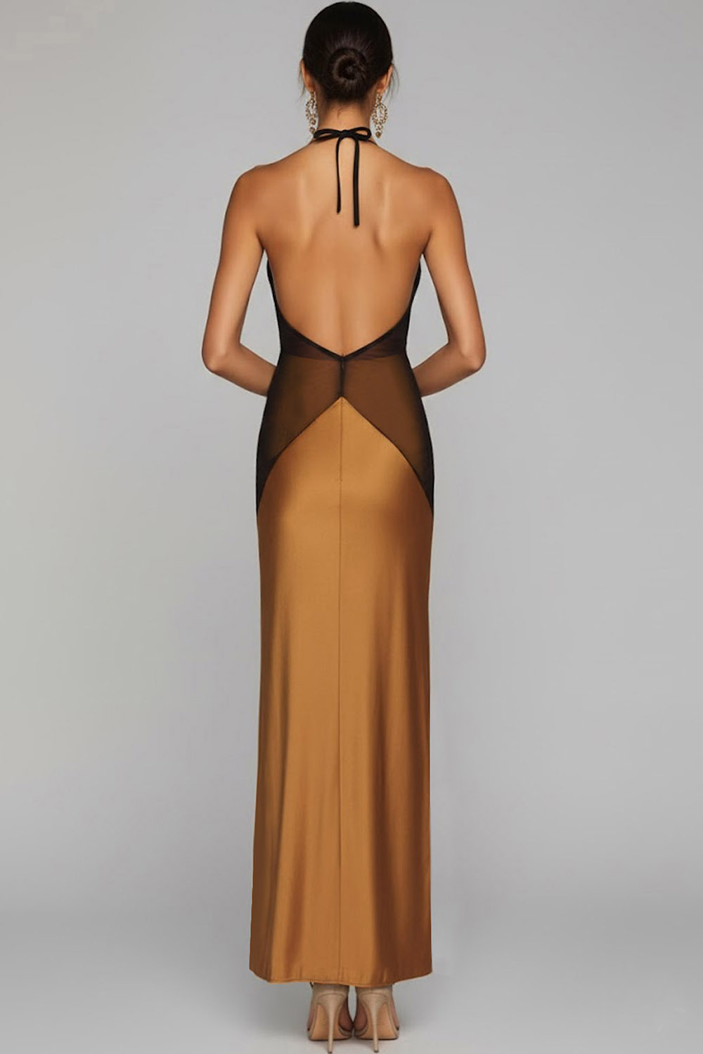 Bronze Formal Evening Dress Halter Slit Satin Maxi Dress