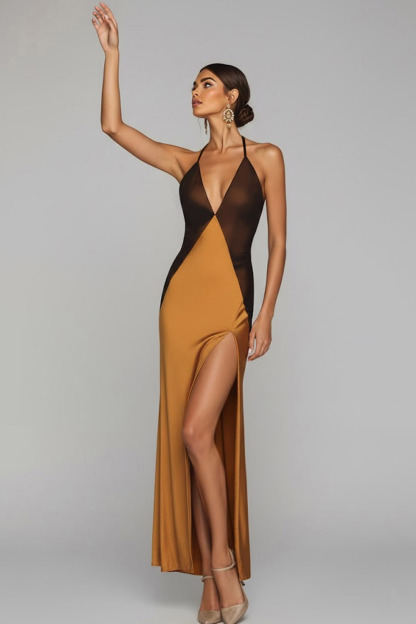 Bronze Formal Evening Dress Halter Slit Satin Maxi Dress