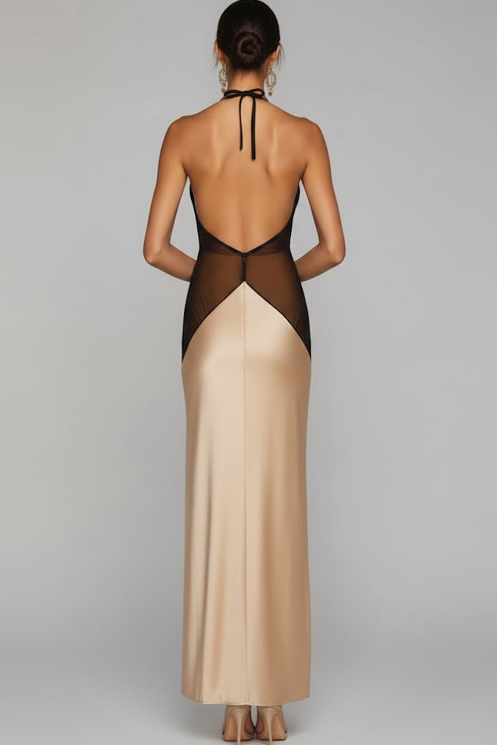 Bronze Formal Evening Dress Halter Slit Satin Maxi Dress