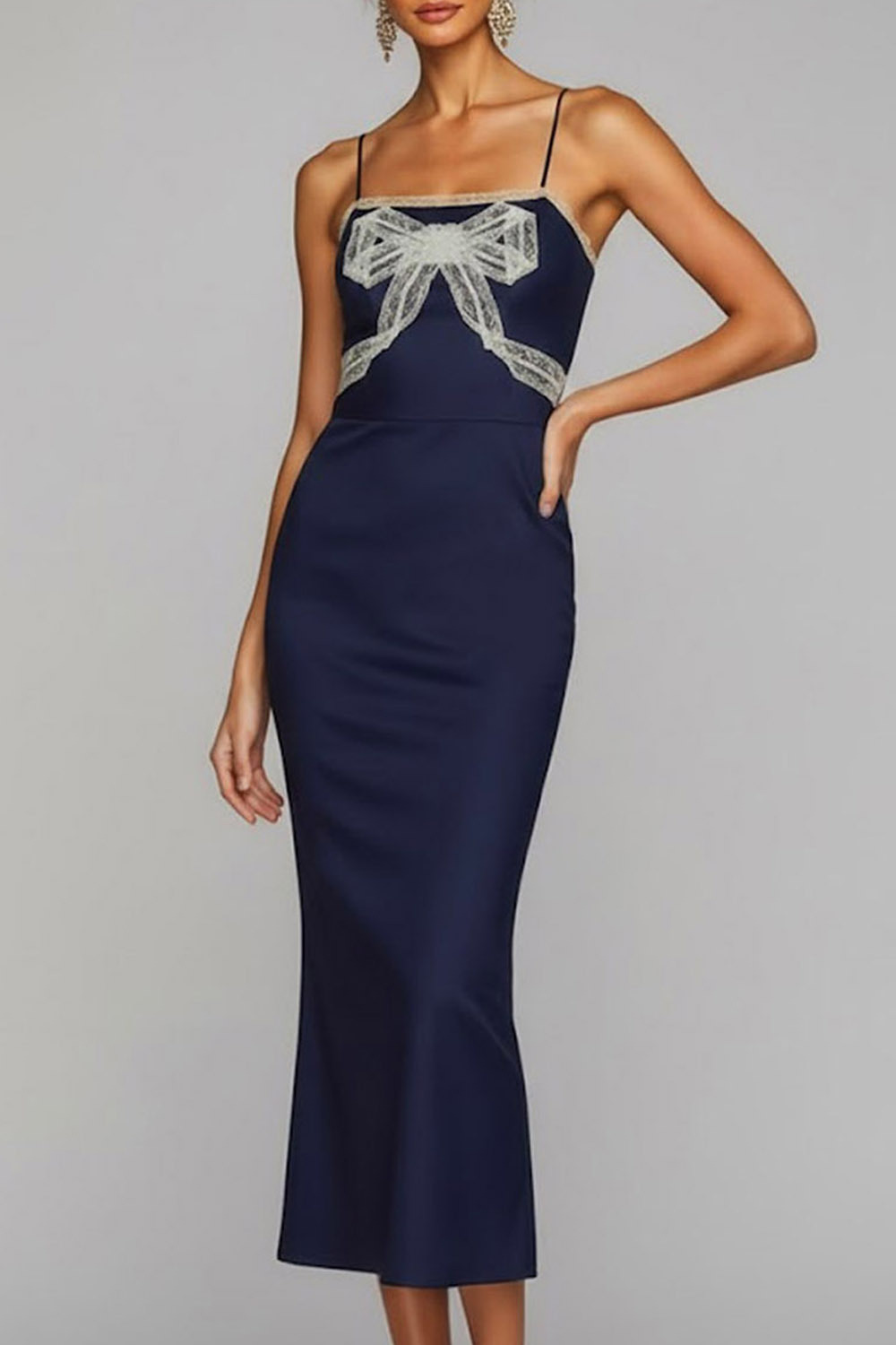 Navy Evening Formal Dress Spaghetti Straps Satin Midi Dress