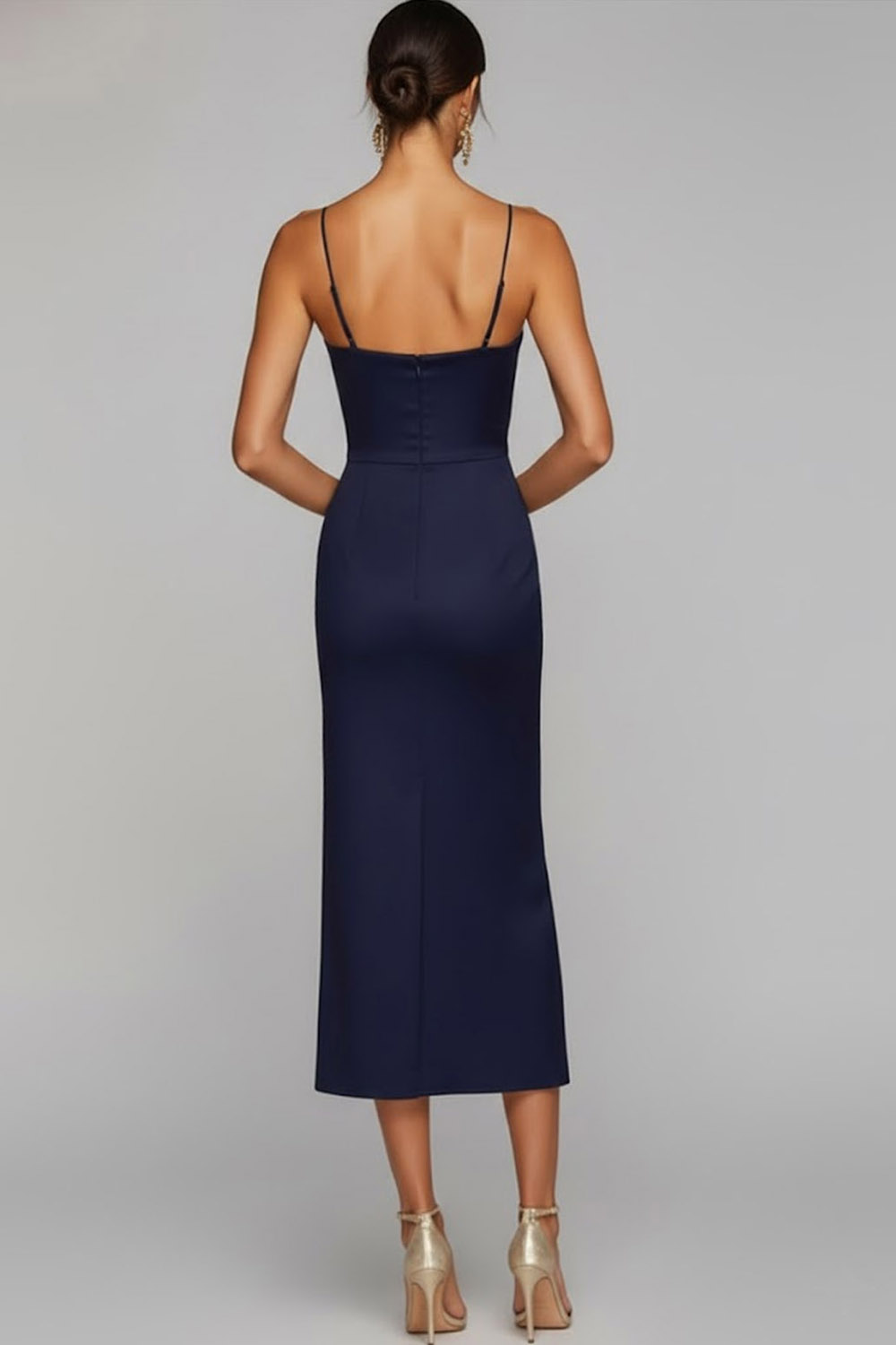 Navy Evening Formal Dress Spaghetti Straps Satin Midi Dress