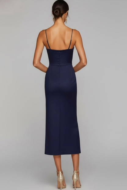 Navy Evening Formal Dress Spaghetti Straps Satin Midi Dress
