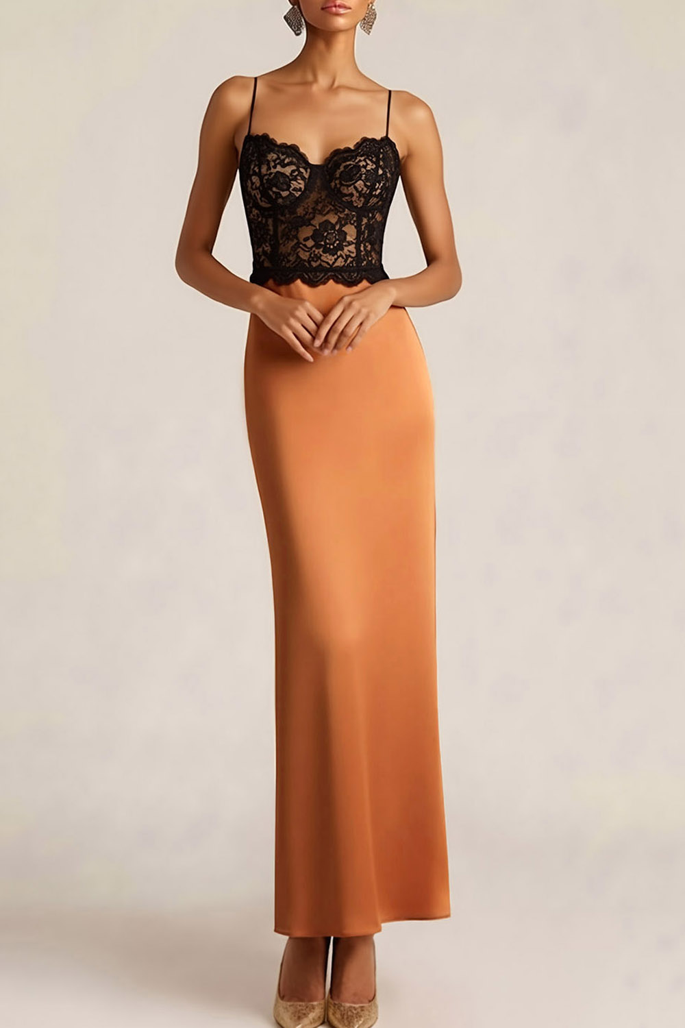 Bronze Formal Dress Sheath Spaghetti Straps Satin Maxi Dress