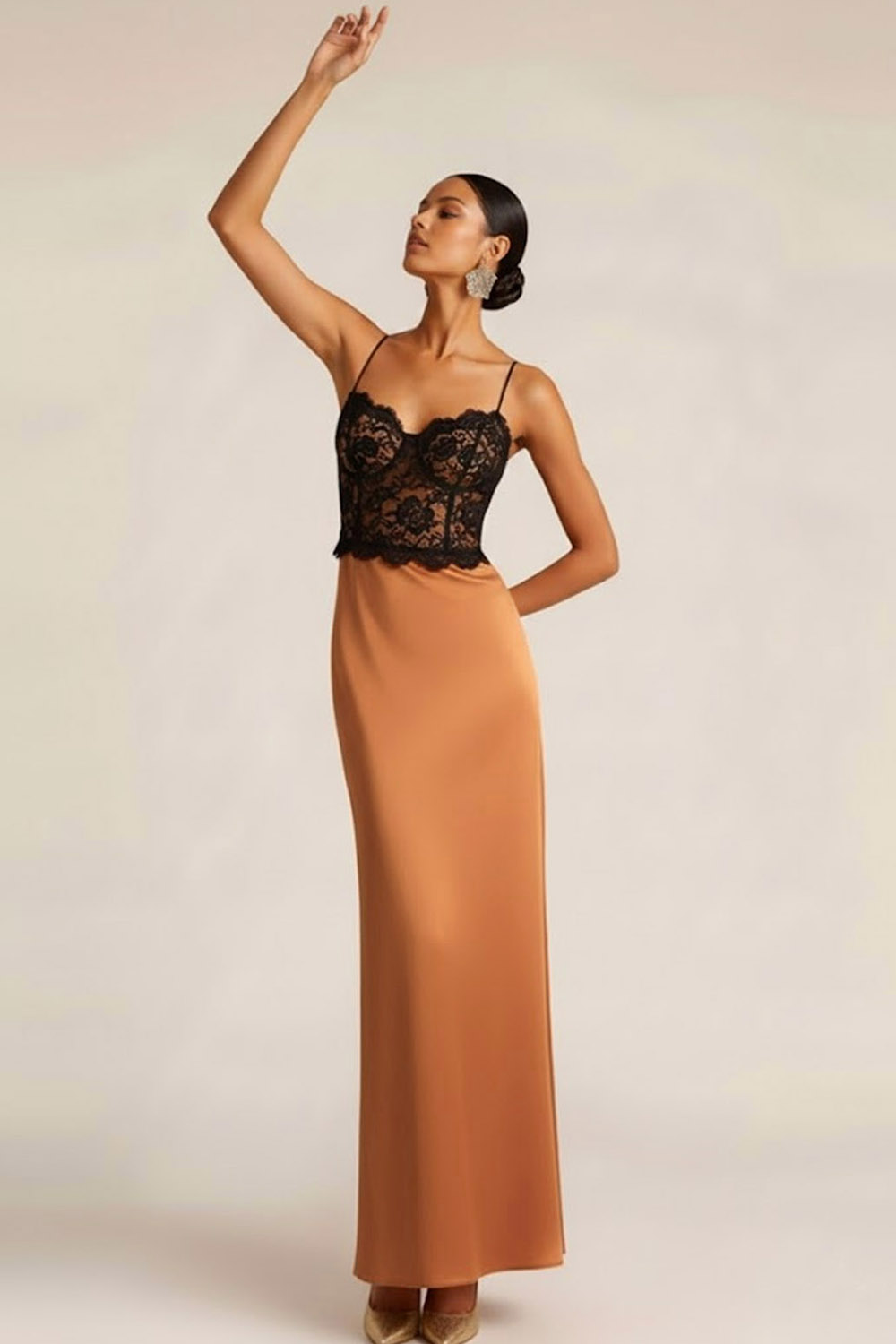 Bronze Formal Dress Sheath Spaghetti Straps Satin Maxi Dress