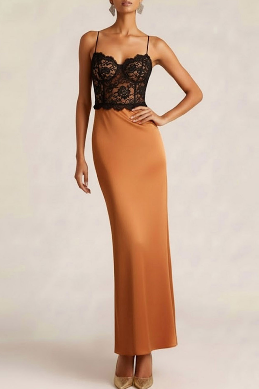 Bronze Formal Dress Sheath Spaghetti Straps Satin Maxi Dress