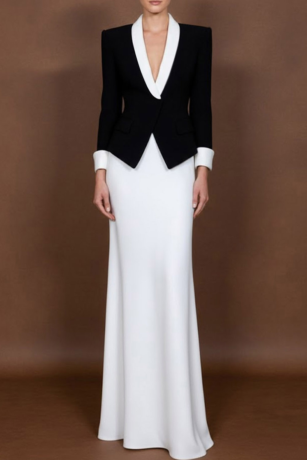 Black Business ​Formal Blazer Suit Lapel Long Sleeve Maxi Skirt Set​​