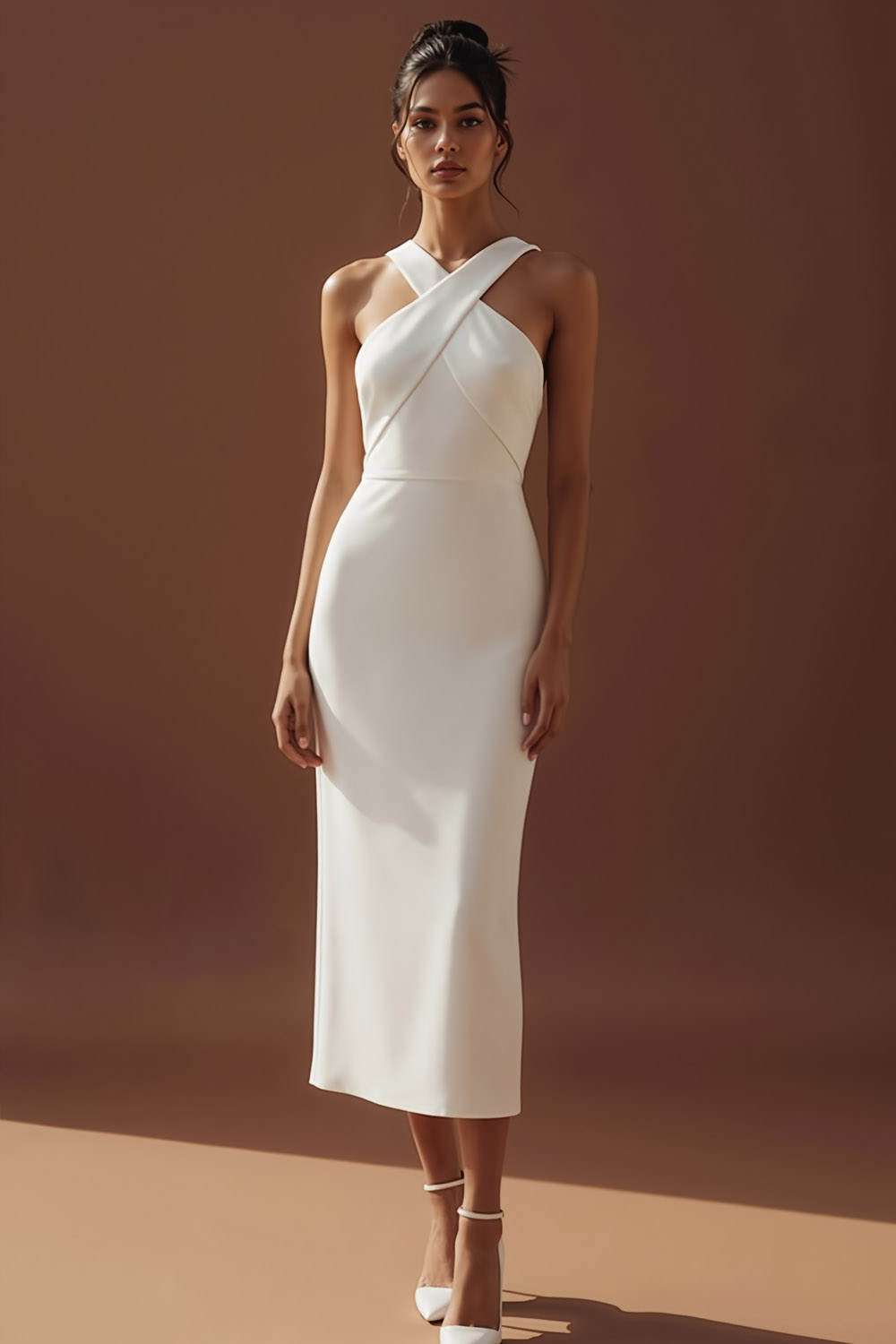 White Formal Evening Dress Sheath Criss Cross Midi Dress