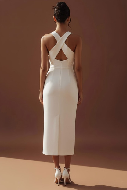 White Formal Evening Dress Sheath Criss Cross Midi Dress