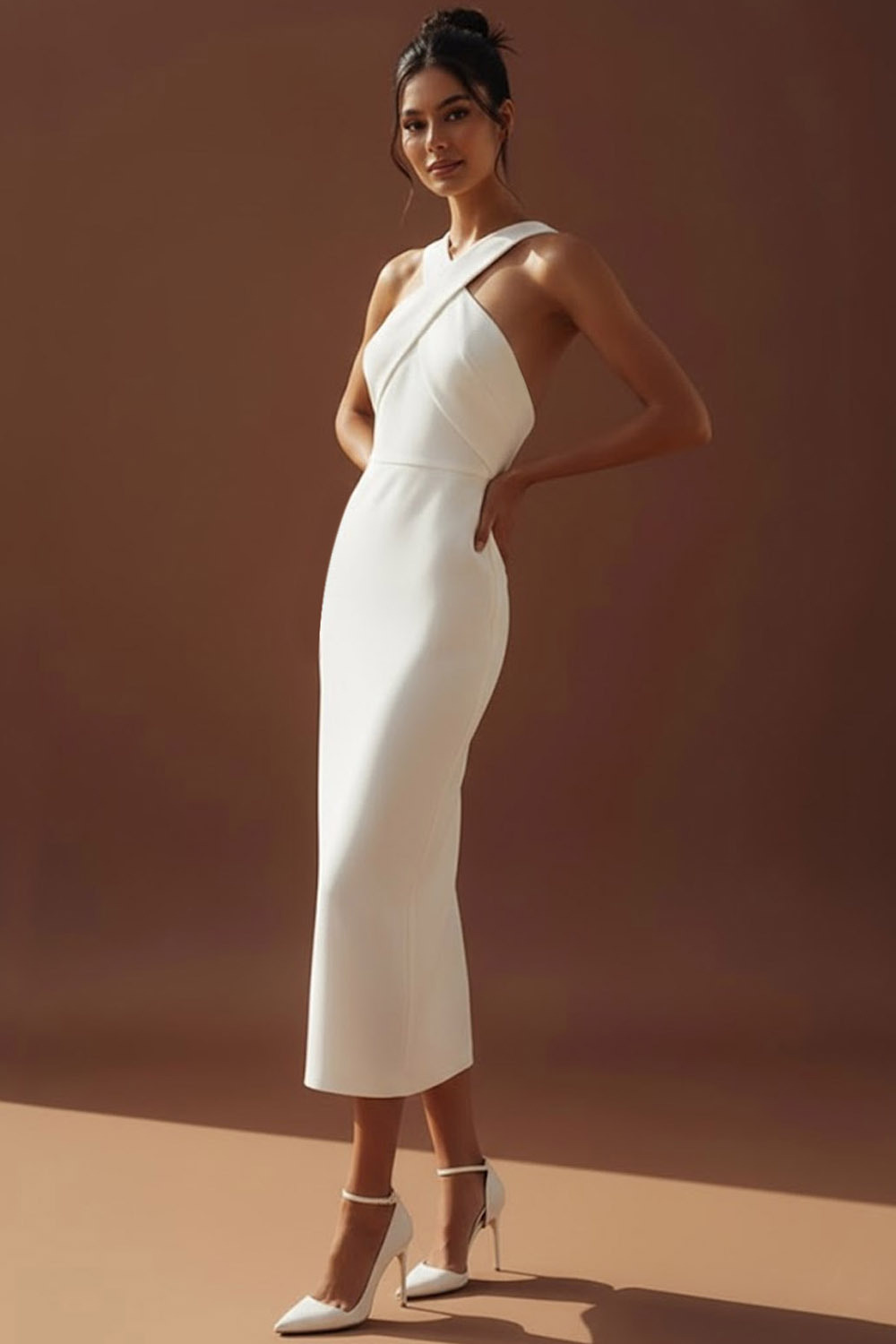 White Formal Evening Dress Sheath Criss Cross Midi Dress