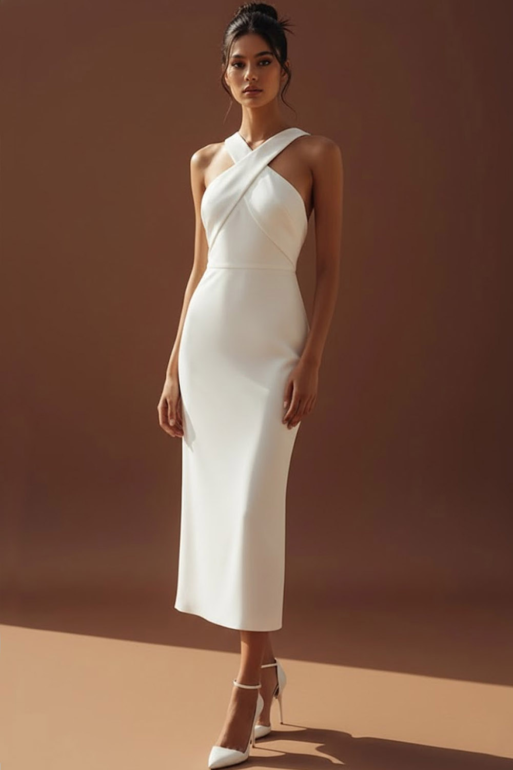 White Formal Evening Dress Sheath Criss Cross Midi Dress