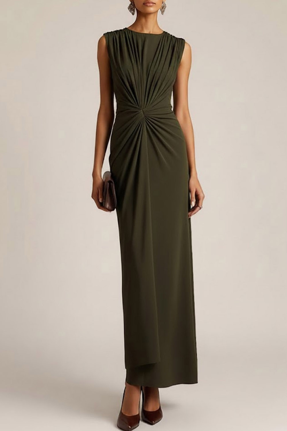 Olive Formal Evening Dress Sheath Round Neck Ruched Maxi Dress