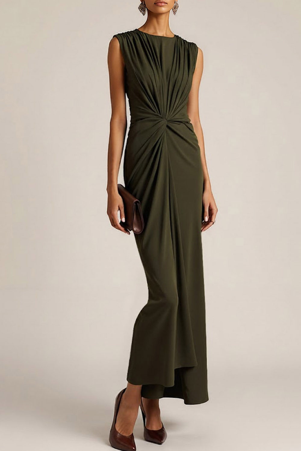 Olive Formal Evening Dress Sheath Round Neck Ruched Maxi Dress 