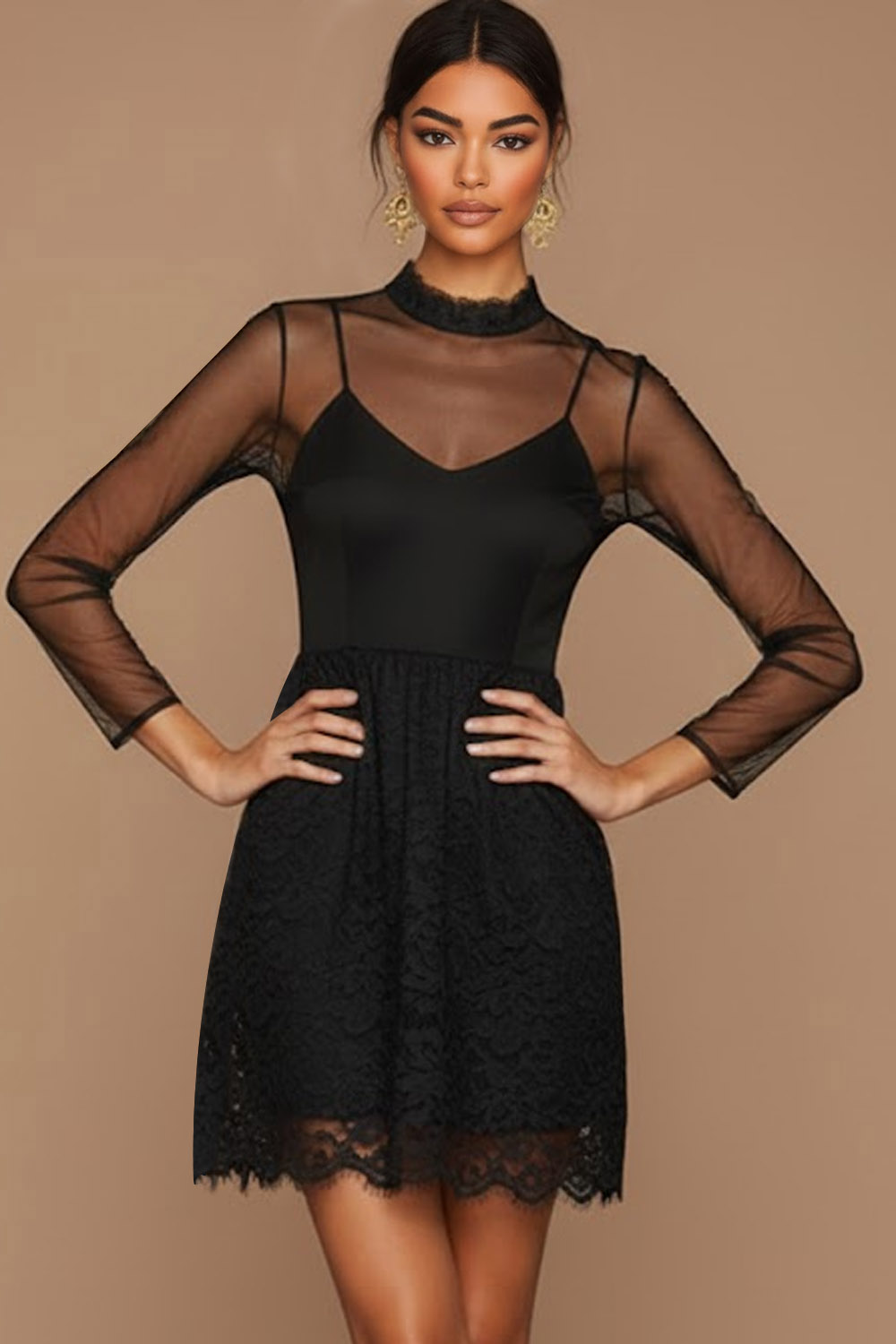 Black Formal Party Dress A-Line Illusion Neck Chiffon Mini Dress 