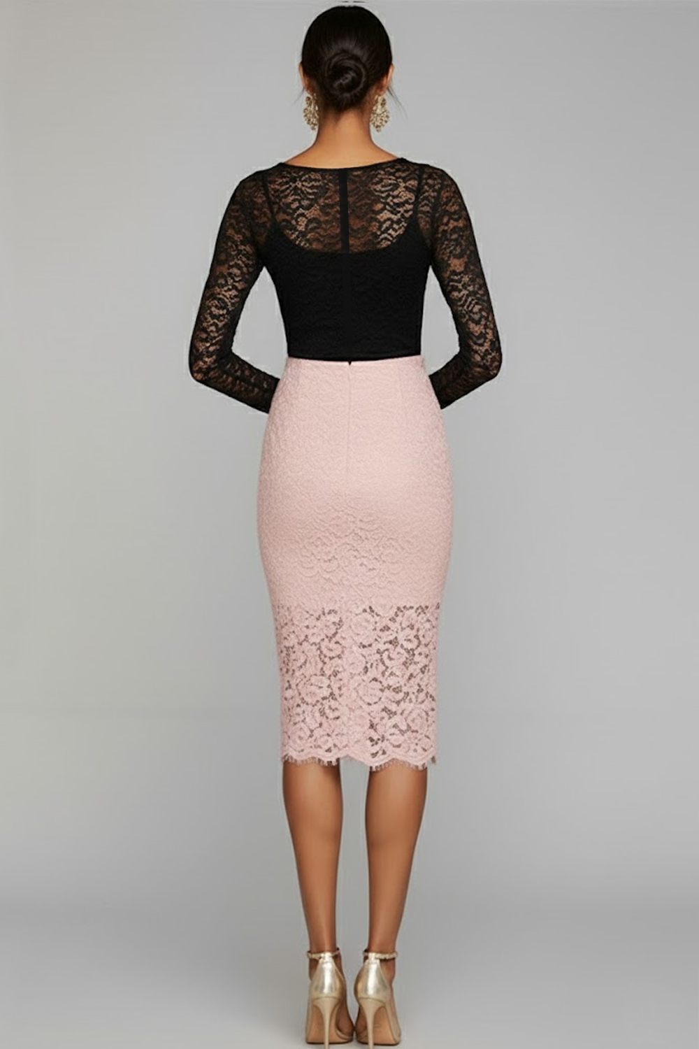 Black Formal Evening Dress Bodycon Crew Neck Long Sleeve Lace Midi Dress 