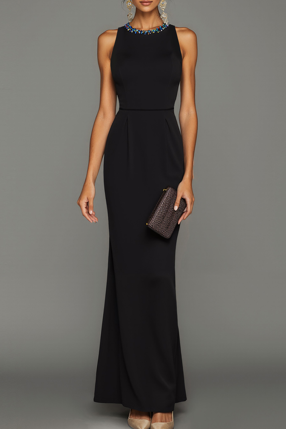 Black Formal Dress Sheath Rhinestone Round Neck Chiffon Maxi Dress 