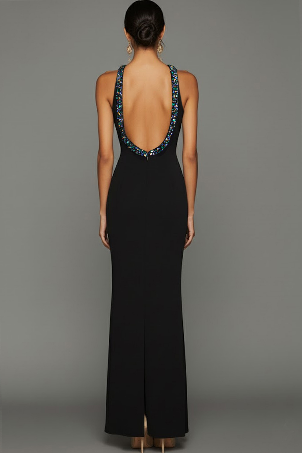 Black Formal Dress Sheath Rhinestone Round Neck Chiffon Maxi Dress 