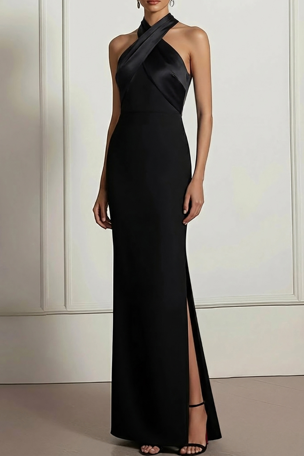 Champagne Evening Formal Dress Sheath Halter Maxi Dress with Slit
