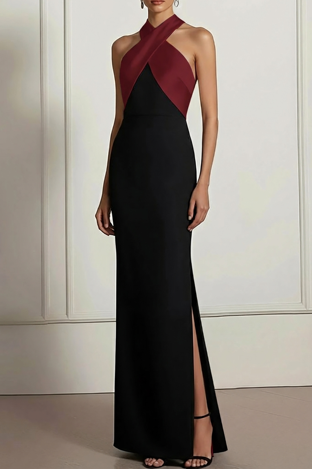 Champagne Evening Formal Dress Sheath Halter Maxi Dress with Slit  chiclody