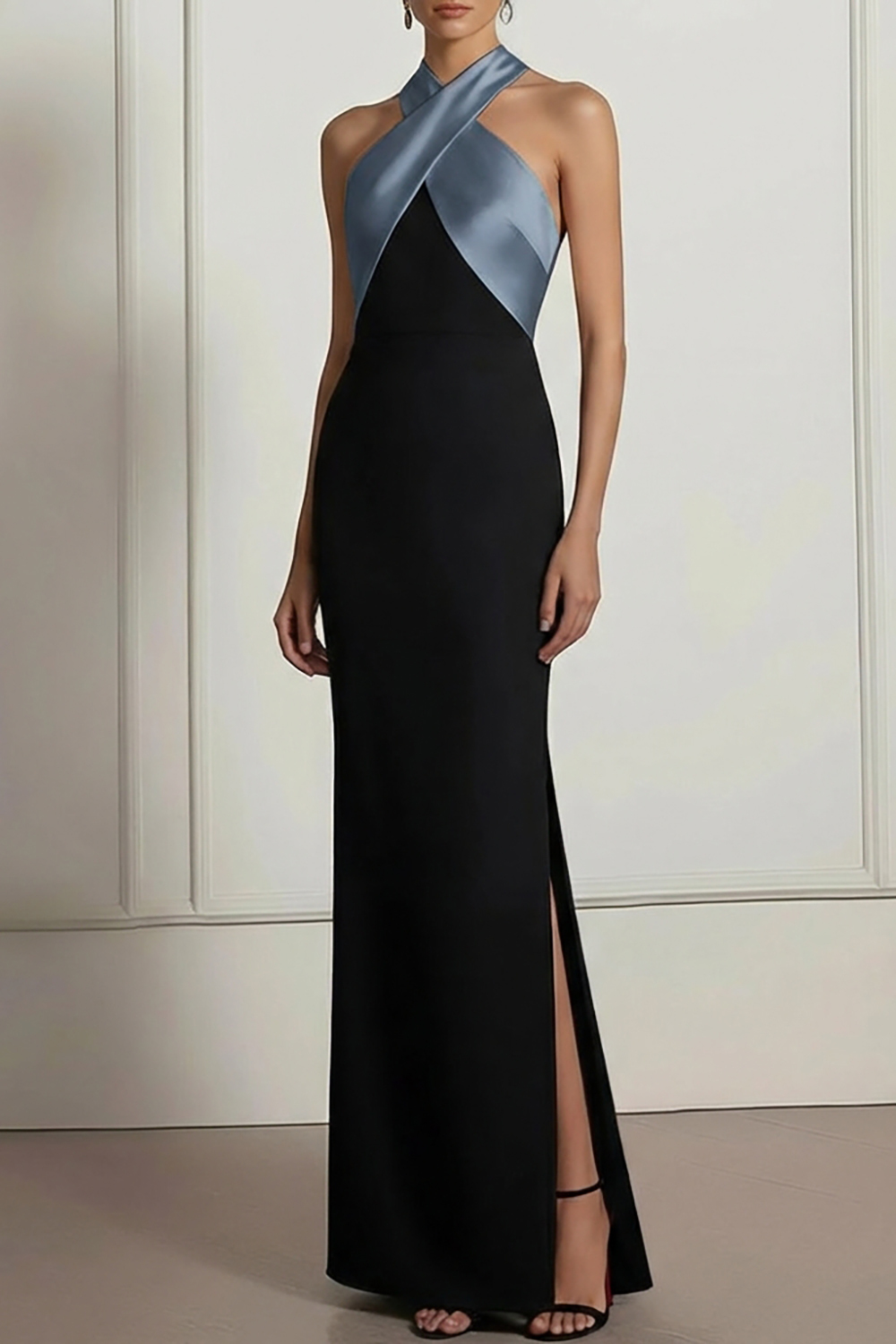 Champagne Evening Formal Dress Sheath Halter Maxi Dress with Slit