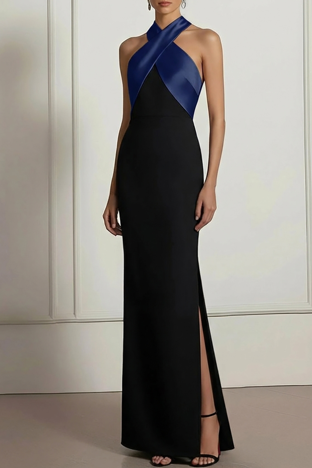 Champagne Evening Formal Dress Sheath Halter Maxi Dress with Slit