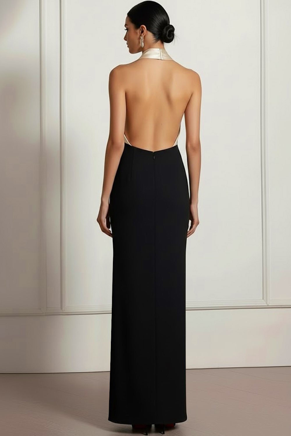 Champagne Evening Formal Dress Sheath Halter Maxi Dress with Slit