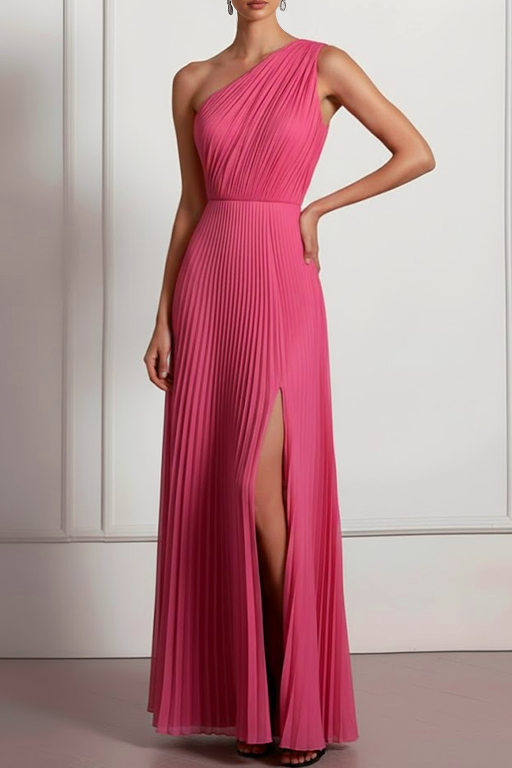 Blush Formal Party Dress One Shoulder Pleated Maxi Dress with Slit