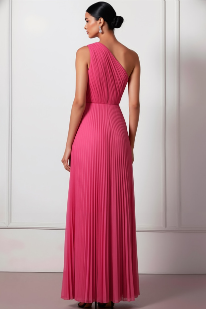 Blush Formal Party Dress One Shoulder Pleated Maxi Dress with Slit